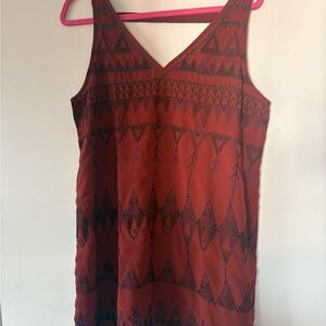 Free People Rust Red & Black Geometric V-Neck Mini Dress